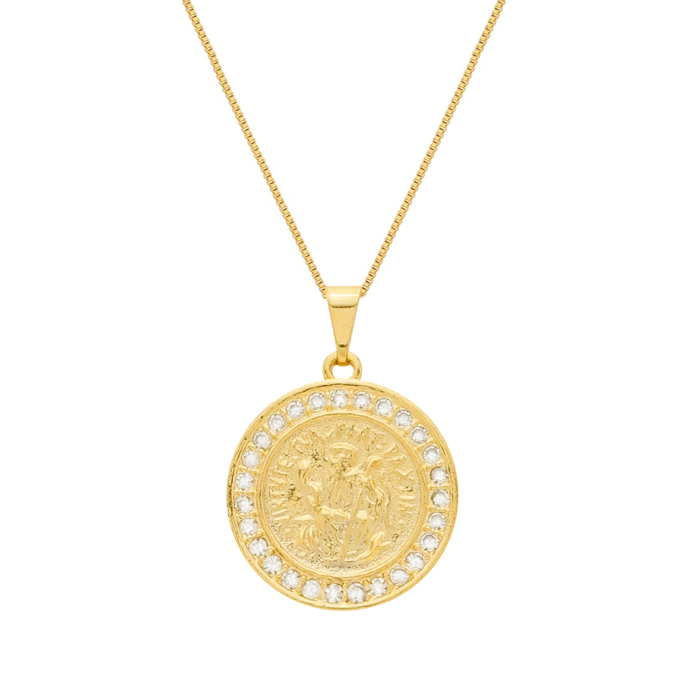 Colar Dourado Medalha São Miguel Arcanjo Cravejado de Zircônia