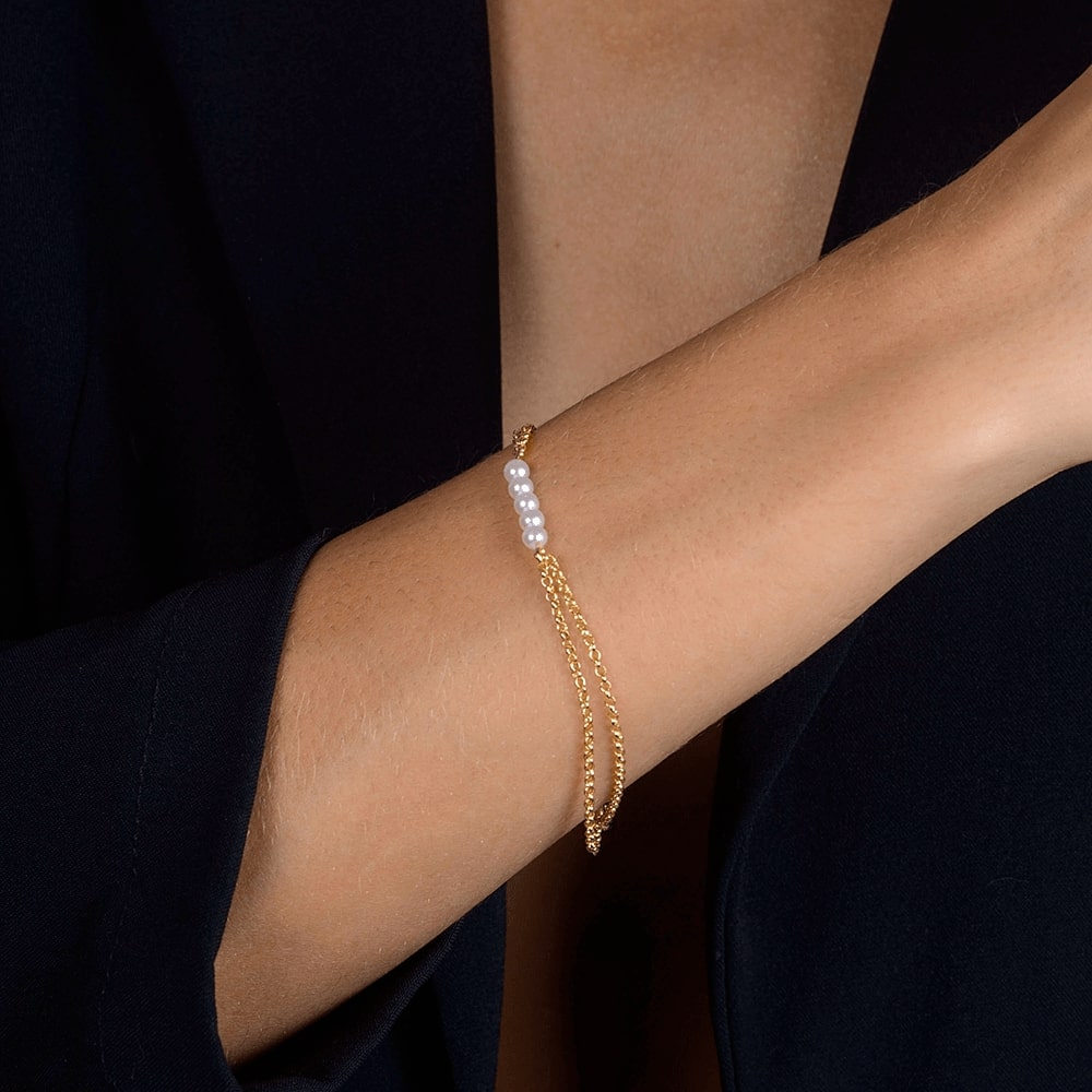 Pulseira Dourada Dupla Elo Português com Pérolas - Imagem 2