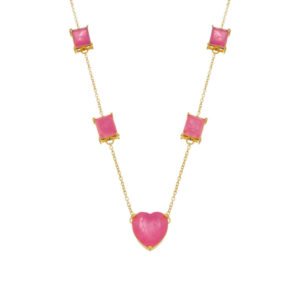 Colar Dourado de Pedras Coração e Retângulos Rosas